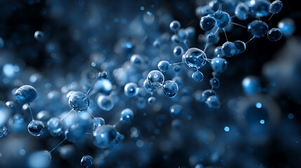 Poster - Small microscopic molecule, technology, biology abstract organisme seen under microscope, futuristic laboratory research illustration, science background, 3d render of blue particles floating
