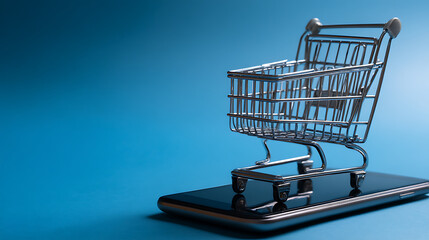 Poster - Shopping cart rising out of phone screen on blue background, concept of e, commerce, marketplace, web stores