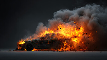 Poster - Realistic 3d render of a car exploding in flames and smoke isolated