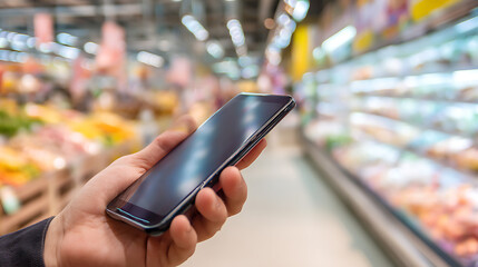 Poster - Mobile phone in hand inside super market