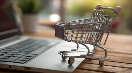 Poster - Model shopping cart and laptop keyboard on wood table in office background