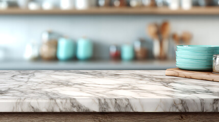 Poster - Marble table top kitchen island blurred background, for montage product display, digital ai art