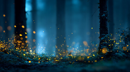Fototapete - Magnificent flittering fireflies flying in the night fantasy enchanted forest, fairy tale concept