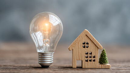Aufkleber - Light bulb and wooden house on the table, concept of inspiration creative idea thinking and future technology innovation, power energy sustainable