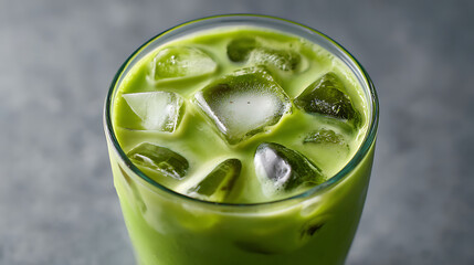 Poster - Iced green matcha tea mixed with an ice cube and milk in a latte glass, close up