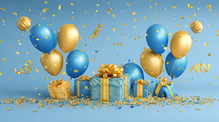 Aufkleber - Holiday celebration background with blue gold balloons, gifts and confetti, happy holiday greeting card, party banner, invitation or certificates with copy space
