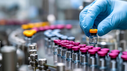 Poster - Hand with sanitary gloves check medical vials on production line at pharmaceutical factory
