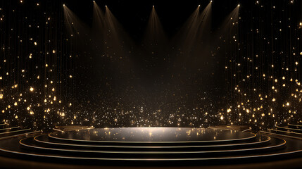 Poster - Elegant black and gold stage with sparkling lights, ideal for awards ceremonies, galas, and special events, luxury, celebration concept, awards ceremony, gala event