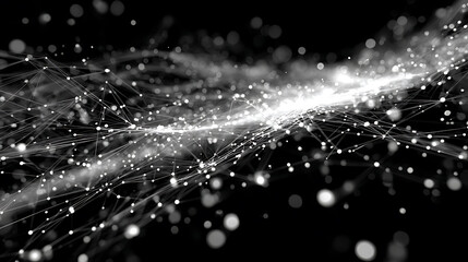 Aufkleber - Data stream, big data 3d illustration, neural network and cloud technologies, global database and artificial intelligence, bright, black and white background with bokeh effect