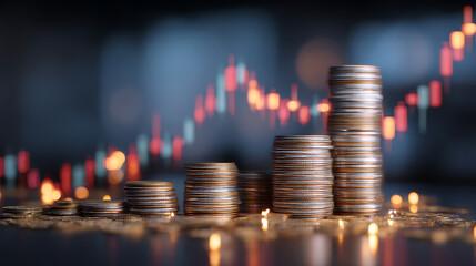 Poster - Creative image of growing coin stacks and candlestick forex chart on blurry background, trade, money and financial growth concept, double exposure
