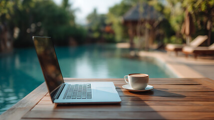 Fototapete - Work by the poolside, with laptop on wooden table, technology and business for work where notebook opens up view to relax holiday, lifestyle, travel, and digital freelancing by cup of coffee
