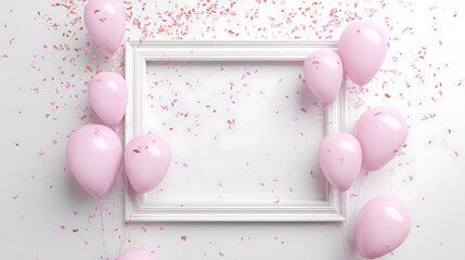 Poster - White frame on white background with pink balloons and confetti