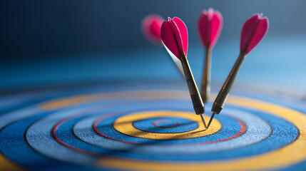 Poster - Set goals for work, dart aiming at the target center business, goal, aiming marketing target metaphor, succeed dart board, defines objectives, success investment ideas, winner
