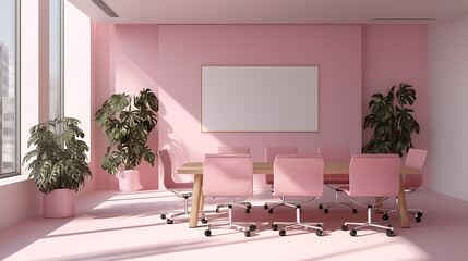 Fototapete - Pink modern office interior with table mockup