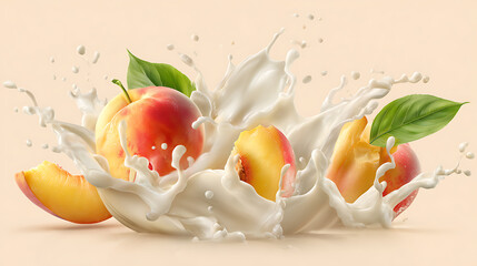 Poster - Peach and mango into milk, yoghurt, sour cream, splash, fresh fruit yogurt splash with ripe peach, healthy breakfast meal label design or advertising element with yogurt, cream, milk and mango, ai