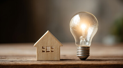 Aufkleber - Light bulb and wooden house on the table, concept of inspiration creative idea thinking and future technology innovation, power energy sustainable