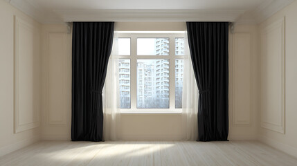 Poster - Empty room with blank cream white wall, black blackout curtain window, luxury interior design, decoration, renovation