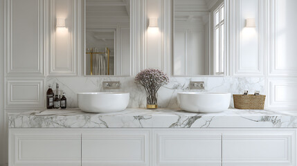 Poster - Elegant white bathroom interior with marble white countertop with copy space and bathroom appliances product