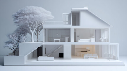 Aufkleber - Cutaway view of a minimalist white house model showcasing interior design, ai
