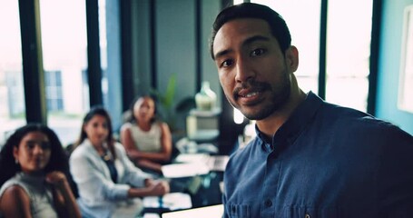 Poster - Businessman, meeting and presentation with team in conference for project discussion or proposal. Man person, speaker or employee talking to group or staff for ideas or company plan at workplace