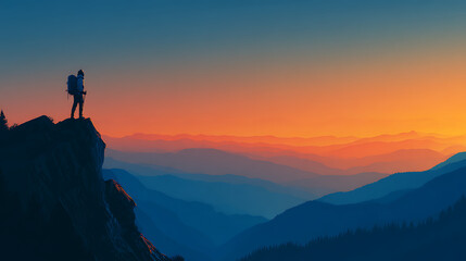 Aufkleber - Success concept with mountain climber in blue jacket standing on mountain top at sunset