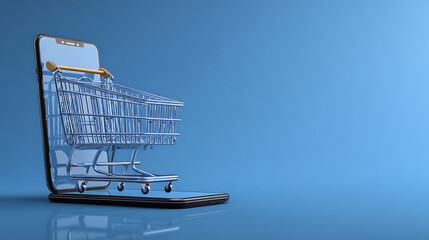 Poster - Shopping cart rising out of phone screen on blue background, concept of e, commerce, marketplace, web stores