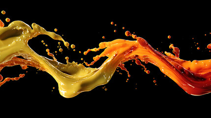 Poster - Mix color liquid splashes, swirl and waves with scatter drops, paint, oil or ink splashing dynamic motion, design elements for advertising isolated on black background, 3d render