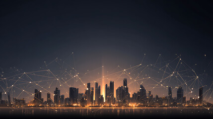 Poster - Line of cityscape and communication network illustration concept, telecommunication, iot, internet of things, ict, information communication technology, 5g, smart city, digital transformation