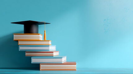 Poster - Graduation cap with books and staircase on blue background, education concept