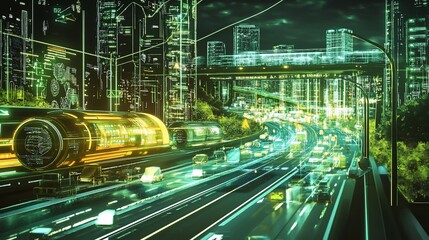 Poster - Futuristic Cityscape with Automated Transportation Network at Night