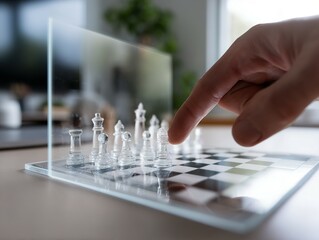 Transparent chessboard display with a hand positioning a piece.