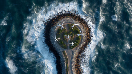 Aufkleber - Windmill park in the ocean aerial view with wind turbine, renewable energy eco