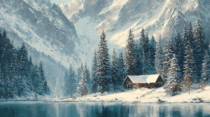 Poster - Winter holiday landscape, ð¡hristmas holiday, cottage in the mountains, fantastic winter forest landscape, mountains, lake house, digital art