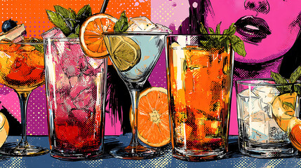 Poster - Variety of cocktails, pop art style illustration