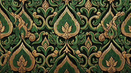Poster - Traditional thai pattern background with intertwining gold and green motifs ancient temple art inspired design