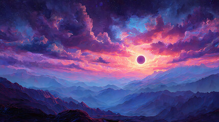 Fototapete - Surreal colorful eclipse in space illustration, fantasy landscape digital painting