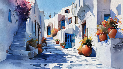 Poster - Picturesque watercolor painting of santorini streets, greece with provence influence, creativity meets travel