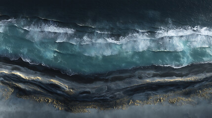 Poster - Panorama of black volcanic beach, aerial view and top view, beautiful natural backdrop, digital ai art