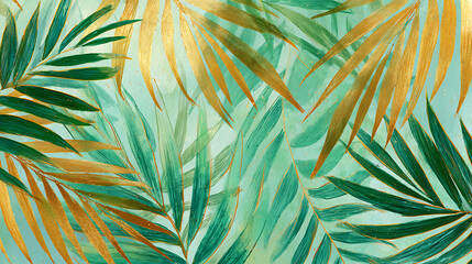 Poster - Palm leafs, organic watercolor painting on paper, colorful, green gold luxury pastel colors, 4k background, wallpaper for banner, poster or cards, nature illustration, green colored leaf