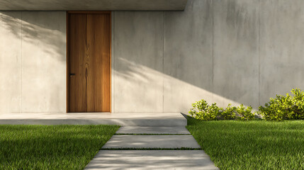 Leinwandbilder - New house with wooden door entrance and empty concrete walkway, 3d rendering of green grass lawn in modern home