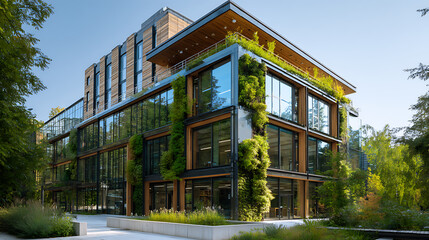 Poster - Modern environmentally friendly building, sustainable glass office with wood to reduce carbon footprint, office surrounded by greenery, corporate buildings reduce co2 emissions