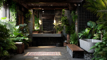 Poster - Luxury outdoor bathroom in tropical jungle with dark theme, green plants, bright bathroom with subway tile and a variety of green plants, create a green oasis for relaxation