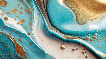Poster - Luxury gold turquoise with gold liquid paint background, close up glossy texture, mix color liquid splashes, digital art