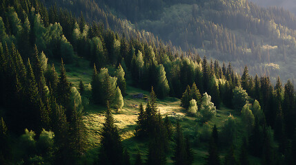 Aufkleber - Green forest landscape in warm sunlight