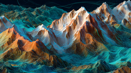 Leinwandbilder - From above view low poly digital mountain range, connection and communication concept