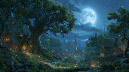 Aufkleber - Enchanting magical fantasy fairytale magnificent village of elves in a against the magical forest with a huge moon