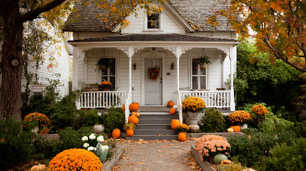 Poster - Cute and cozy cottage with fall decorations, pumpkins on the front porch and a wreath