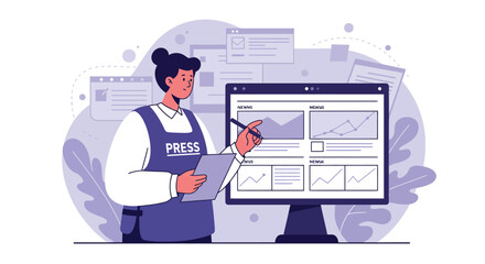 Poster - Female journalist analyzing data charts on computer screen in modern office vector illustration 