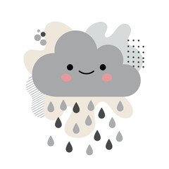 Poster - Cute smiling rain cloud with raindrops and abstract shapes in neutral tones vector illustration 