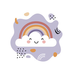 Poster - Smiling cloud with colorful rainbow and abstract shapes vector illustration in pastel style 
